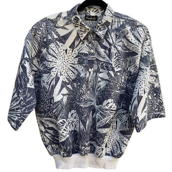 Caliché Vintage Womens Short-Sleeve Navy Tropical Elastic Hem Hawaiian Top L - Picture 1 of 9